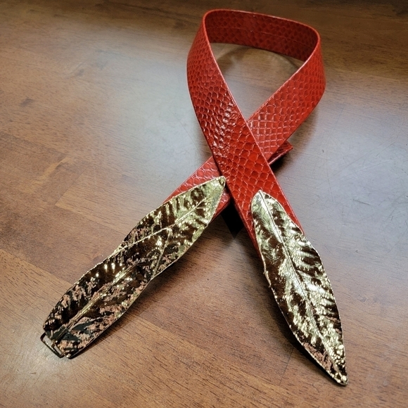 Vintage Red Faux Snakeskin Belt with Gold Tone Metal Leaves - Picture 10 of 16